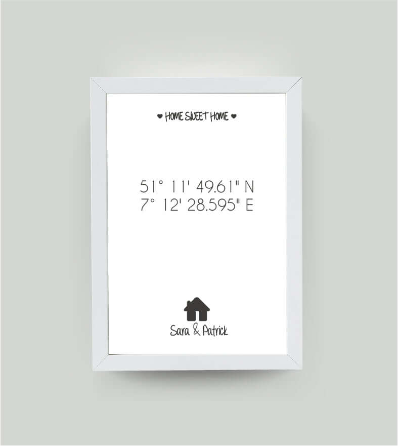 Personalisiertes Bild "HOME SWEET HOME HAUS" in weiß, DIN A4, mit Rahmen weiß 21x30cm, ohne Passepartout