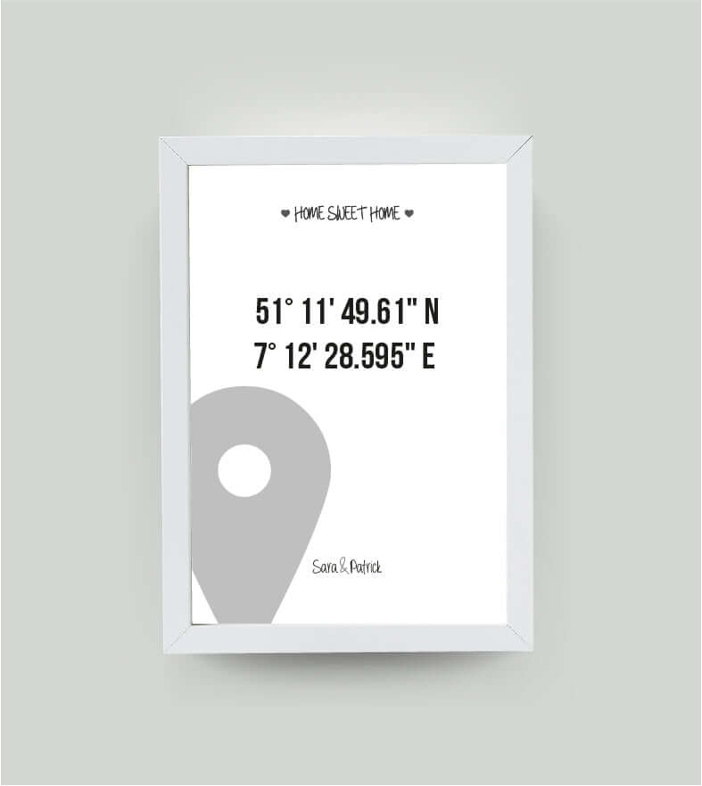 Personalisiertes Bild "HOME SWEET HOME GPS" in weiß , DIN A4, mit Rahmen weiß 21x30cm, ohne Passepartout