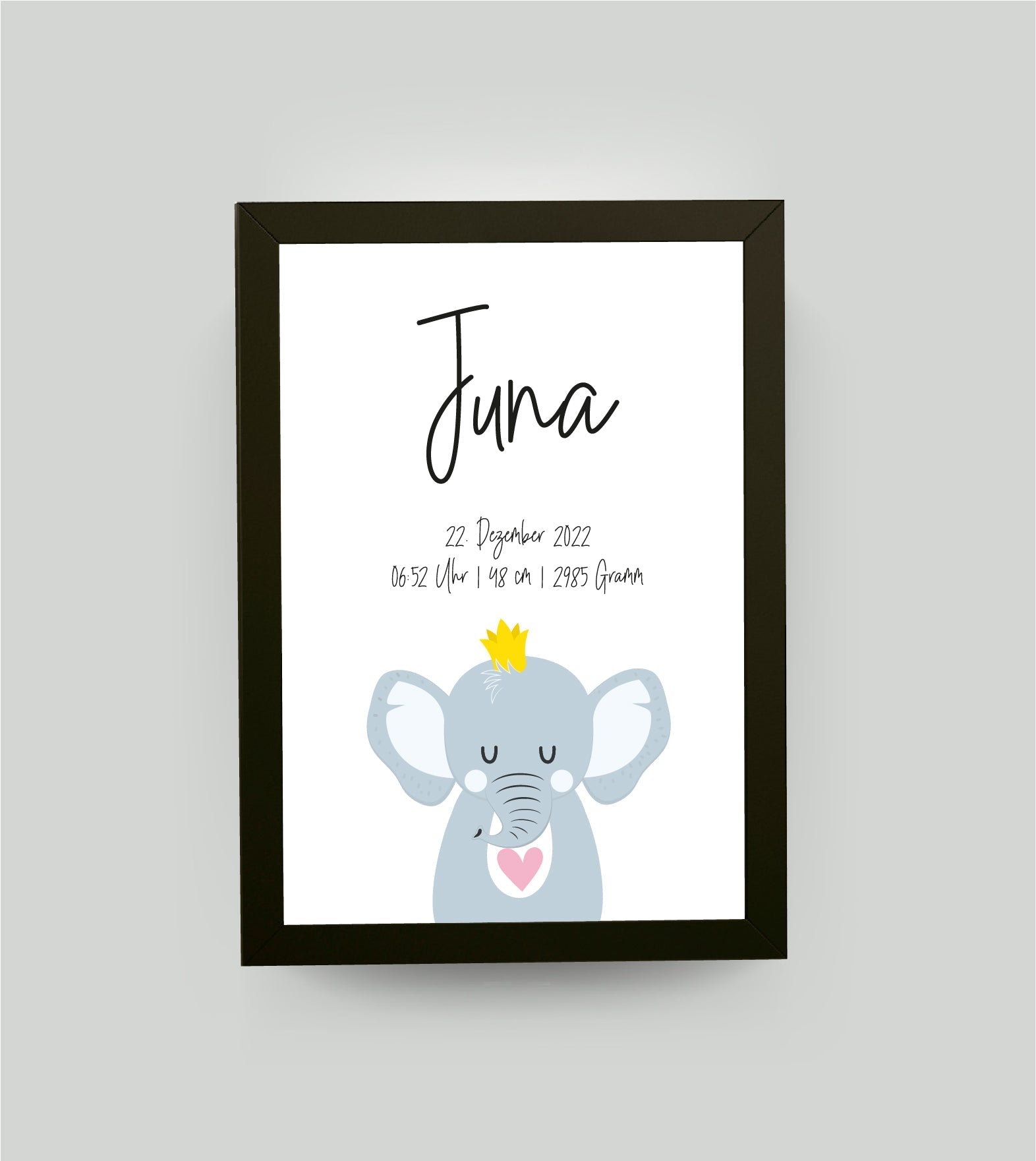 Personalisiertes Geburtsposter “ELEFANT mit Herz”, Motiv: Elefant, Bildgröße: 13x18cm, Bilderrahmen: Bilderrahmen schwarz ohne Passepartout, Copyright: 321geschenke.de Sonderanfertigung: Unsere Bilder nach euren Wünschen verändert.