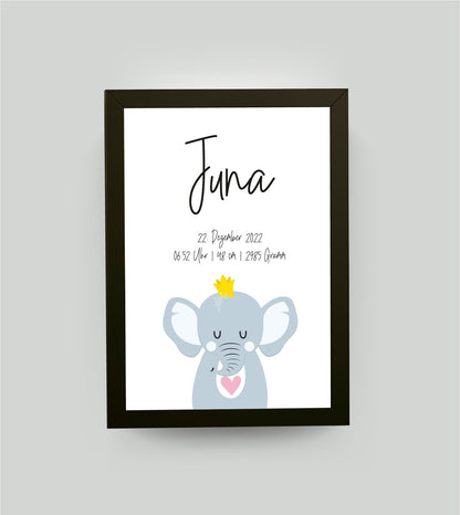 Personalisiertes Geburtsposter “ELEFANT mit Herz”, Motiv: Elefant, Bildgröße: 13x18cm, Bilderrahmen: Bilderrahmen schwarz ohne Passepartout, Copyright: 321geschenke.de Sonderanfertigung: Unsere Bilder nach euren Wünschen verändert.