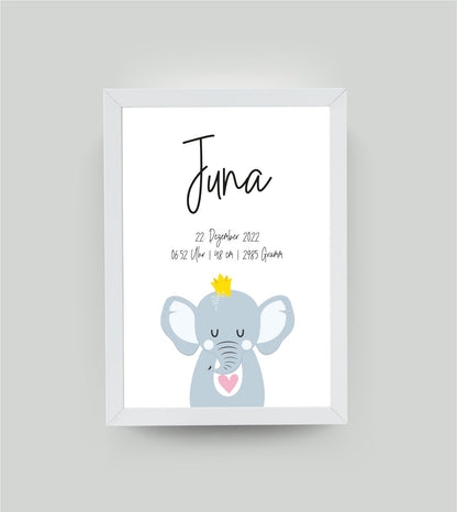 Personalisiertes Geburtsposter “ELEFANT mit Herz”, Motiv: Elefant, Bildgröße: 13x18cm, Bilderrahmen: Bilderrahmen weiß ohne Passepartout, Copyright: 321geschenke.de Sonderanfertigung: Unsere Bilder nach euren Wünschen verändert.