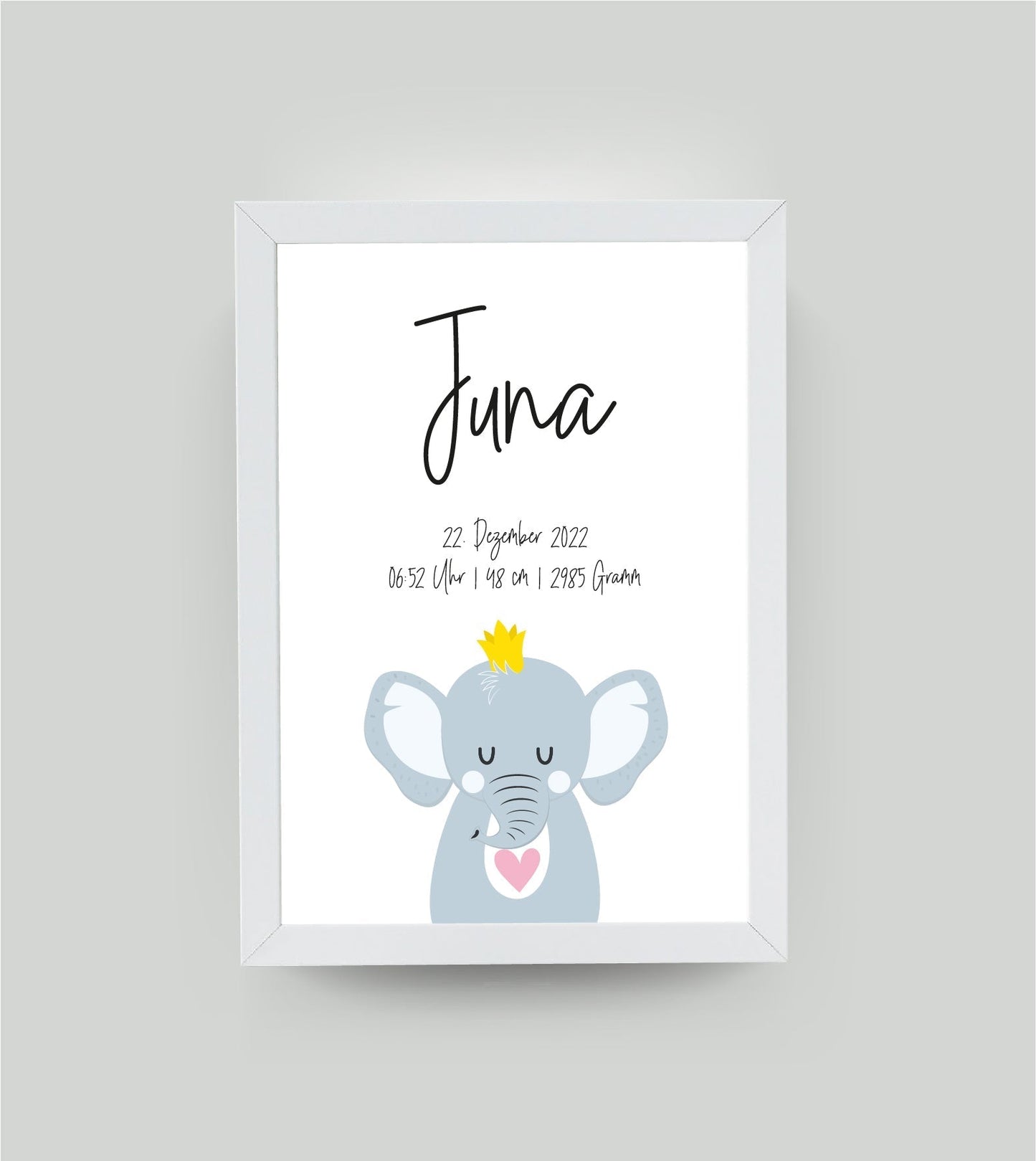 Personalisiertes Geburtsposter “ELEFANT mit Herz”, Motiv: Elefant, Bildgröße: 13x18cm, Bilderrahmen: Bilderrahmen weiß ohne Passepartout, Copyright: 321geschenke.de Sonderanfertigung: Unsere Bilder nach euren Wünschen verändert.