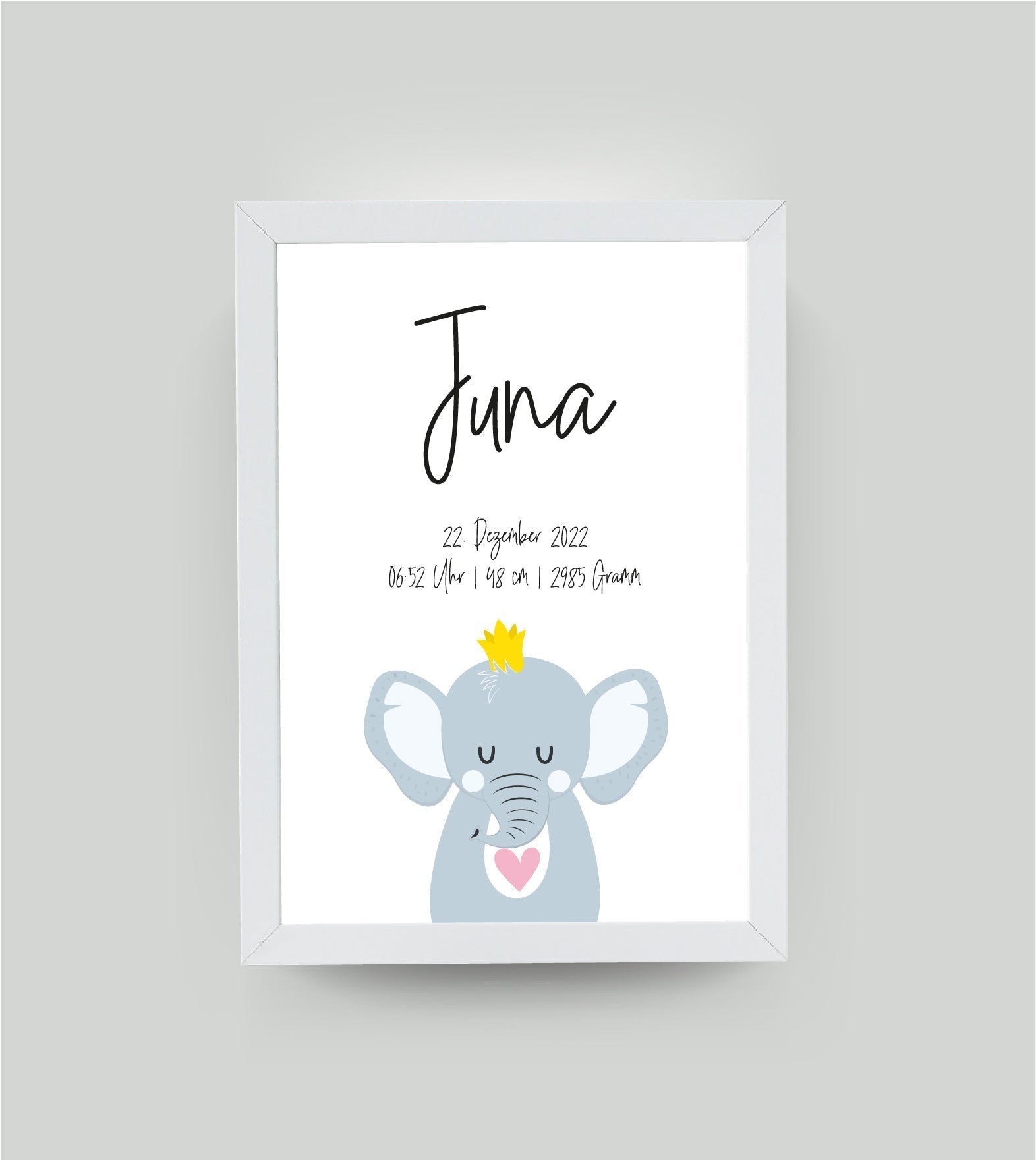 Personalisiertes Geburtsposter “ELEFANT mit Herz”, Motiv: Elefant, Bildgröße: 13x18cm, Bilderrahmen: Bilderrahmen weiß ohne Passepartout, Copyright: 321geschenke.de Sonderanfertigung: Unsere Bilder nach euren Wünschen verändert.