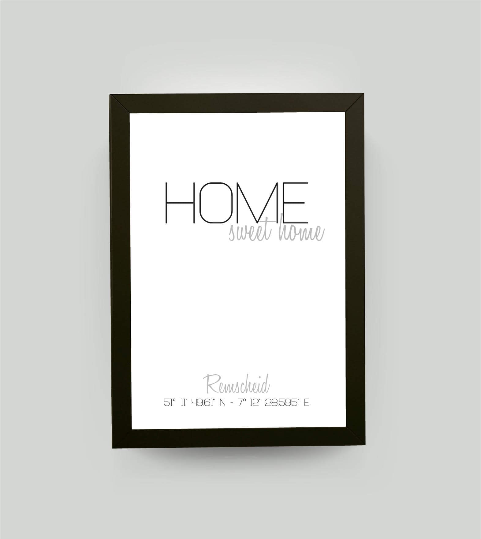 Personalisiertes Koordinatenbild “HOME sweet home”, Bildfarbe: Weiß, Bildgröße: 13x18cm, Bilderrahmen: Bilderrahmen schwarz ohne Passepartout, Copyright: 321geschenke.de
