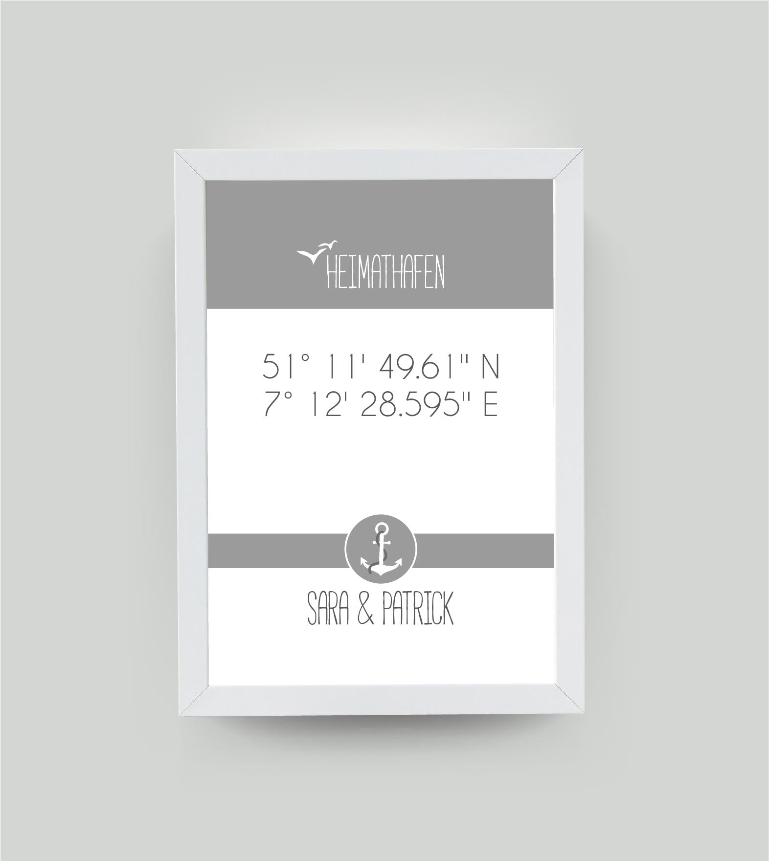 Personalisiertes Koordinaten Bild “HEIMATHAFEN” mit Anker, Bildfarbe: Grau, Bildgröße: 13x18cm, Bilderrahmen: Ohne Bilderrahmen, Copyright:321geschenke.de