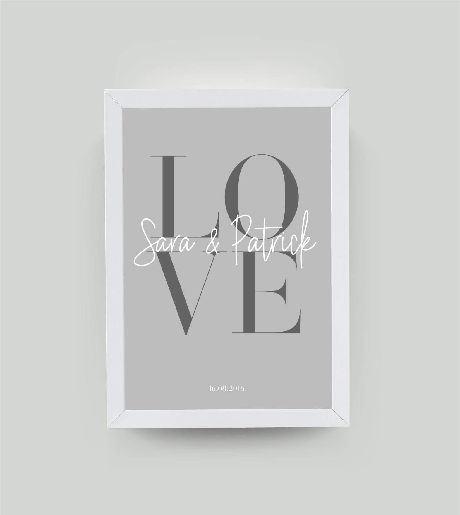 Personalisiertes Bild “LOVE”, Bildfarbe: Grau, Bildgröße: 13x18cm, DIN A4, DIN A3, Bilderrahmen: Ohne Bilderrahmen, Bilderrahmen weiß ohne Passepartout, Bilderrahmen schwarz ohne Passepartout, Bilderrahmen weiß mit Passepartout, Bilderrahmen schwarz mit P
