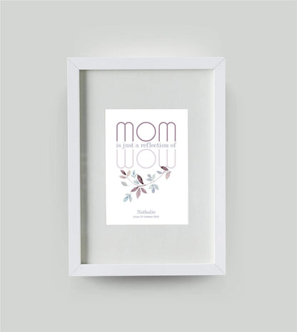 Personalisiertes Bild “MOM = WOW”, Bildfarbe: Weiß, Bildgröße: DIN A4, Bilderrahmen: Bilderrahmen weiß mit Passepartout, Copyright: 321geschenke.de