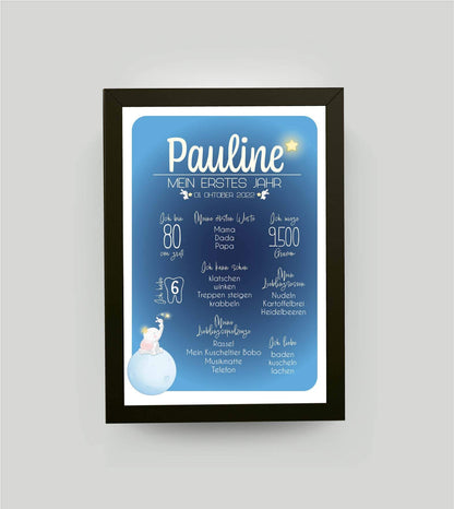 Personalisiertes Babyposter “Mein erstes Jahr” in blau, DIN A4, mit Rahmen schwarz 21x30cm, ohne Passepartout, Copyright:321geschenke.de