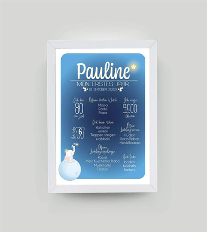 Personalisiertes Babyposter “Mein erstes Jahr” in blau, DIN A4, mit Rahmen weiß 21x30cm, ohne Passepartout, Copyright:321geschenke.de