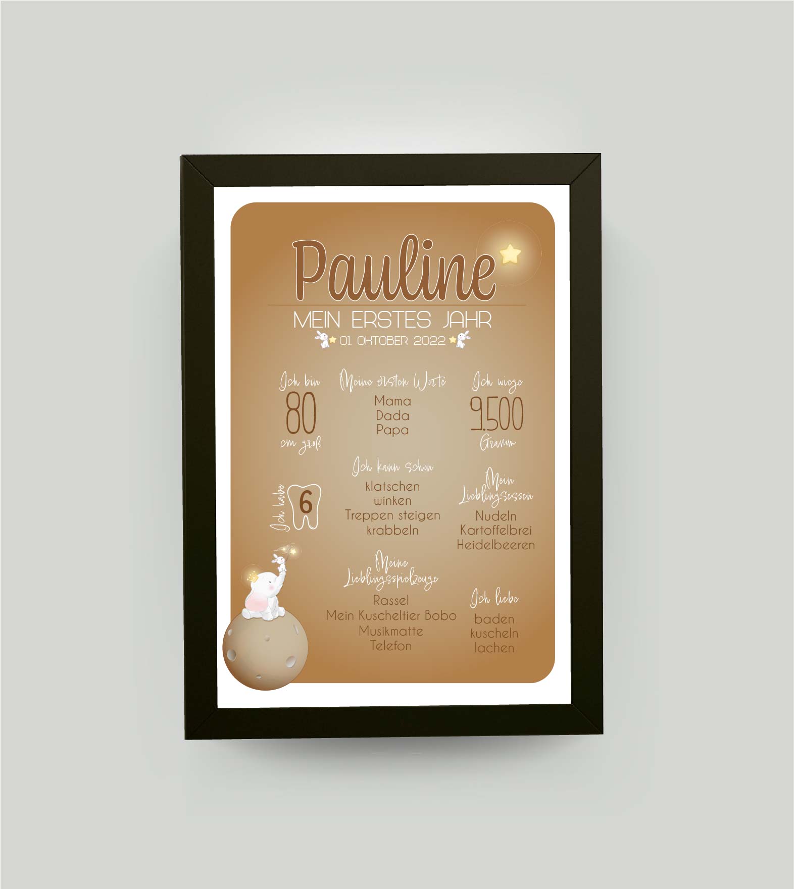 Personalisiertes Babyposter “Mein erstes Jahr” in natur, DIN A4, mit Rahmen schwarz 21x30cm, ohne Passepartout