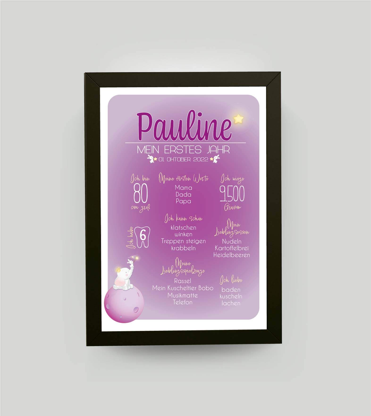 Personalisiertes Babyposter “Mein erstes Jahr” in rosa, DIN A4, mit Rahmen schwarz 21x30cm, ohne Passepartout