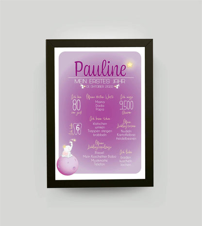 Personalisiertes Babyposter “Mein erstes Jahr” in rosa, DIN A4, mit Rahmen schwarz 21x30cm, ohne Passepartout, Copyright:321geschenke.de