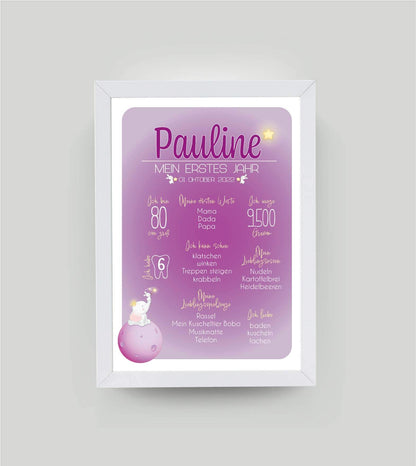Personalisiertes Babyposter “Mein erstes Jahr” in rosa, DIN A4, mit Rahmen weiß 21x30cm, ohne Passepartout, Copyright:321geschenke.de