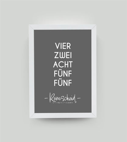 Personalisiertes Koordinatenposter "PLZ" Postleitzahl, Bildfarbe: Anthrazit/Schwarz, Bildgröße: 13x18cm, Bilderrahmen: Ohne Bilderrahmen, Copyright: 321geschenke.de