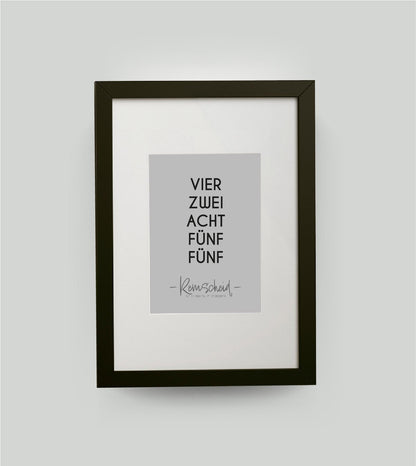 Personalisiertes Koordinatenposter "PLZ" Postleitzahl, Bildfarbe: Grau, Bildgröße: DIN A4, Bilderrahmen: Bilderrahmen schwarz mit Passepartout, Copyright: 321geschenke.de