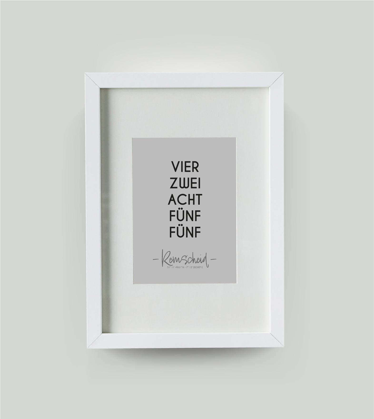 Personalisiertes Koordinatenposter "PLZ" Postleitzahl, Bildfarbe: Grau, Bildgröße: DIN A4, Bilderrahmen: Bilderrahmen weiß mit Passepartout, Copyright: 321geschenke.de