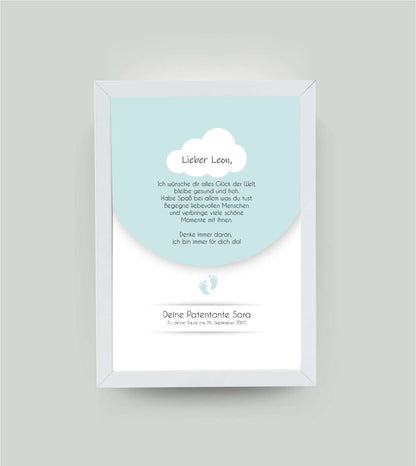 Personalisiertes Babyposter “Taufspruch” in blau, DIN A4, mit Rahmen weiß 21x30cm, ohne Passepartout, Copyright:321geschenke.de