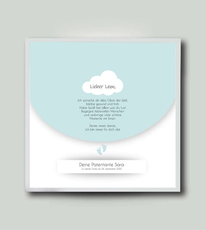 Personalisiertes Babyposter “Taufspruch” in blau, viereckig 25x25cm, mit Rahmen weiß 27x27cm, ohne Passepartout, Copyright:321geschenke.de
