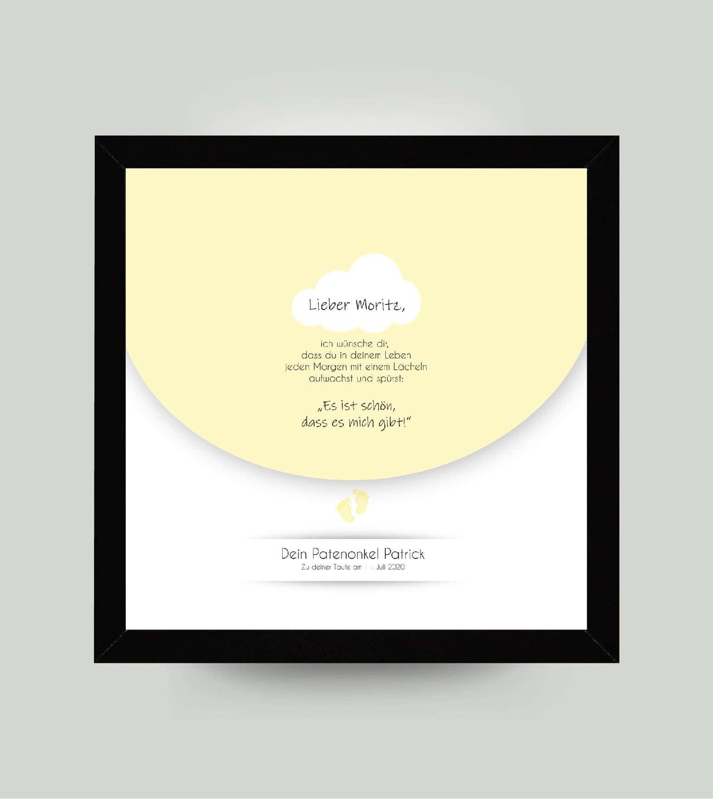 Personalisiertes Babyposter “Taufspruch” in gelb, viereckig 25x25cm, mit Rahmen schwarz 27x27cm, ohne Passepartout, Copyright:321geschenke.de