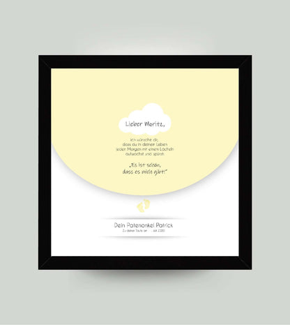 Personalisiertes Babyposter “Taufspruch” in gelb, viereckig 25x25cm, mit Rahmen schwarz 27x27cm, ohne Passepartout, Copyright:321geschenke.de
