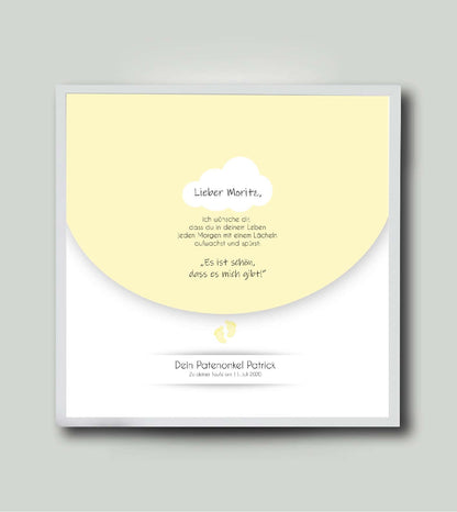 Personalisiertes Babyposter “Taufspruch” in gelb, viereckig 25x25cm, mit Rahmen weiß 27x27cm, ohne Passepartout