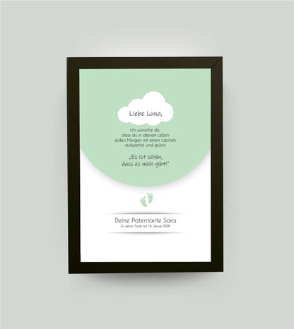 Personalisiertes Babyposter “Taufspruch” in grün, DIN A4, mit Rahmen schwarz 21x30cm, ohne Passepartout