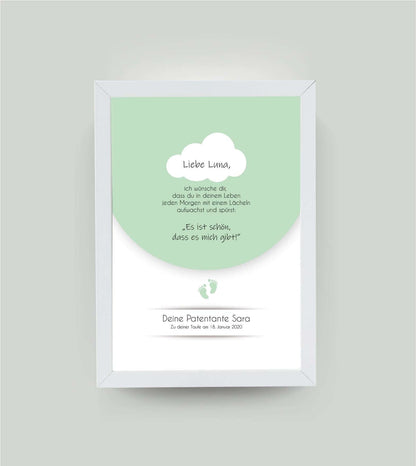 Personalisiertes Babyposter “Taufspruch” in grün, DIN A4, mit Rahmen weiß 21x30cm, ohne Passepartout