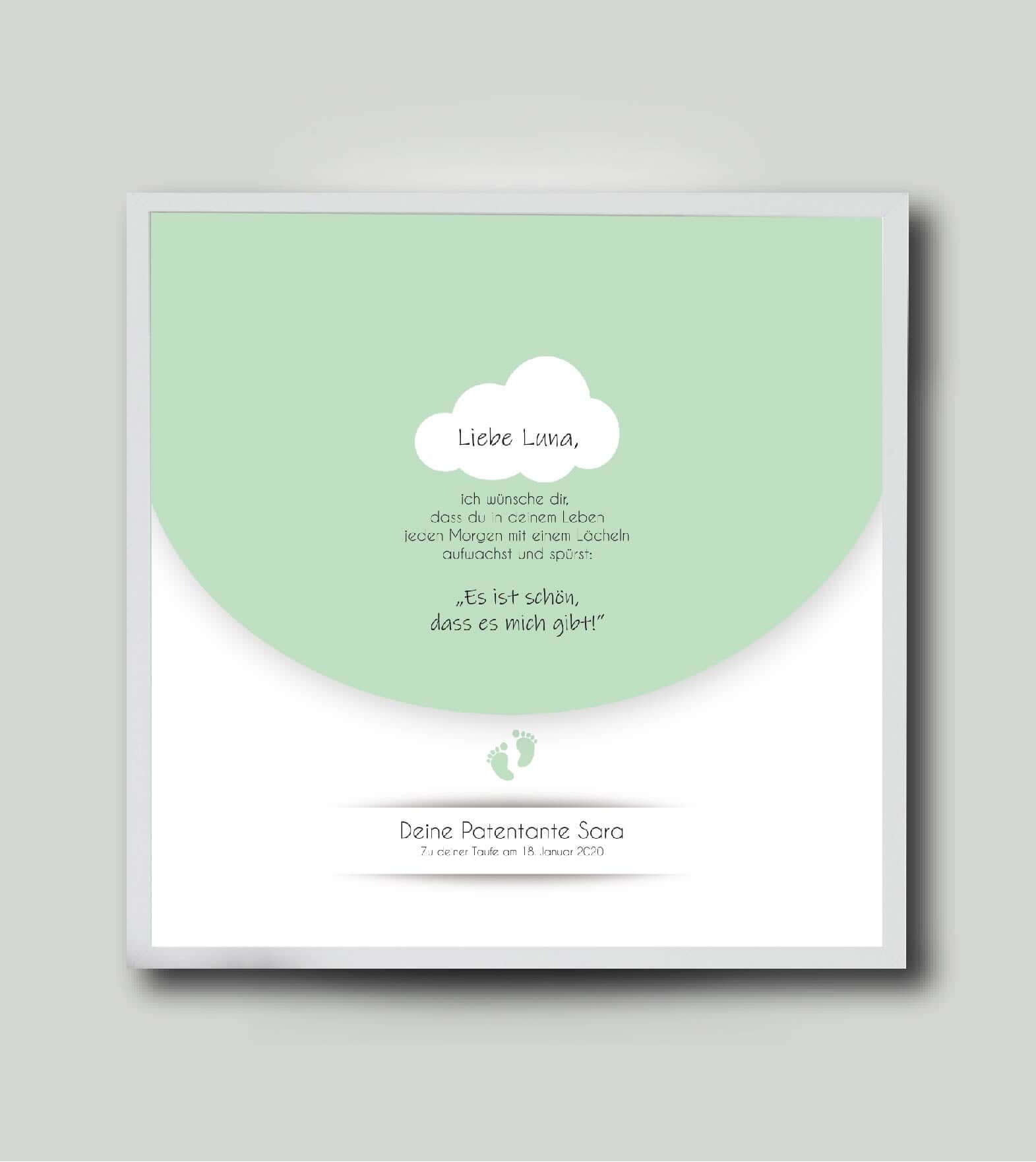 Personalisiertes Babyposter “Taufspruch” in grün, viereckig 25x25cm, mit Rahmen weiß 27x27cm, ohne Passepartout