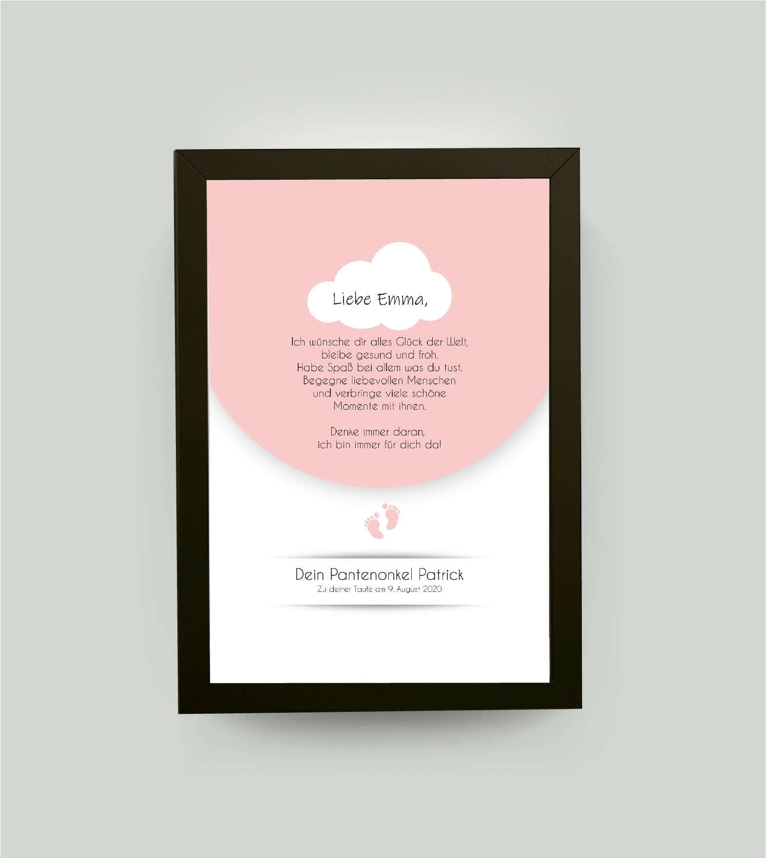 Personalisiertes Babyposter “Taufspruch” in rosa, DIN A4, mit Rahmen schwarz 21x30cm, ohne Passepartout