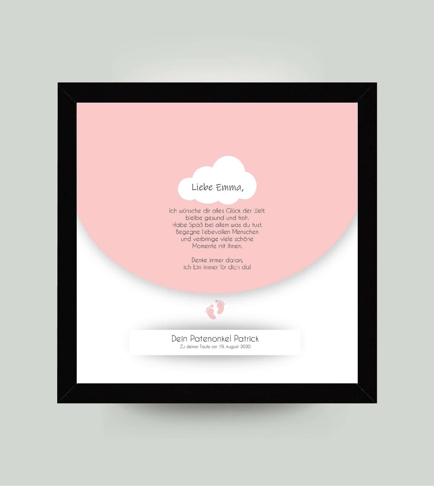 Personalisiertes Babyposter “Taufspruch” in rosa, viereckig 25x25cm, mit Rahmen schwarz 27x27cm, ohne Passepartout