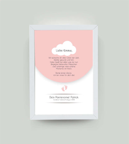 Personalisiertes Babyposter “Taufspruch” in rosa, DIN A4, mit Rahmen weiß 21x30cm, ohne Passepartout