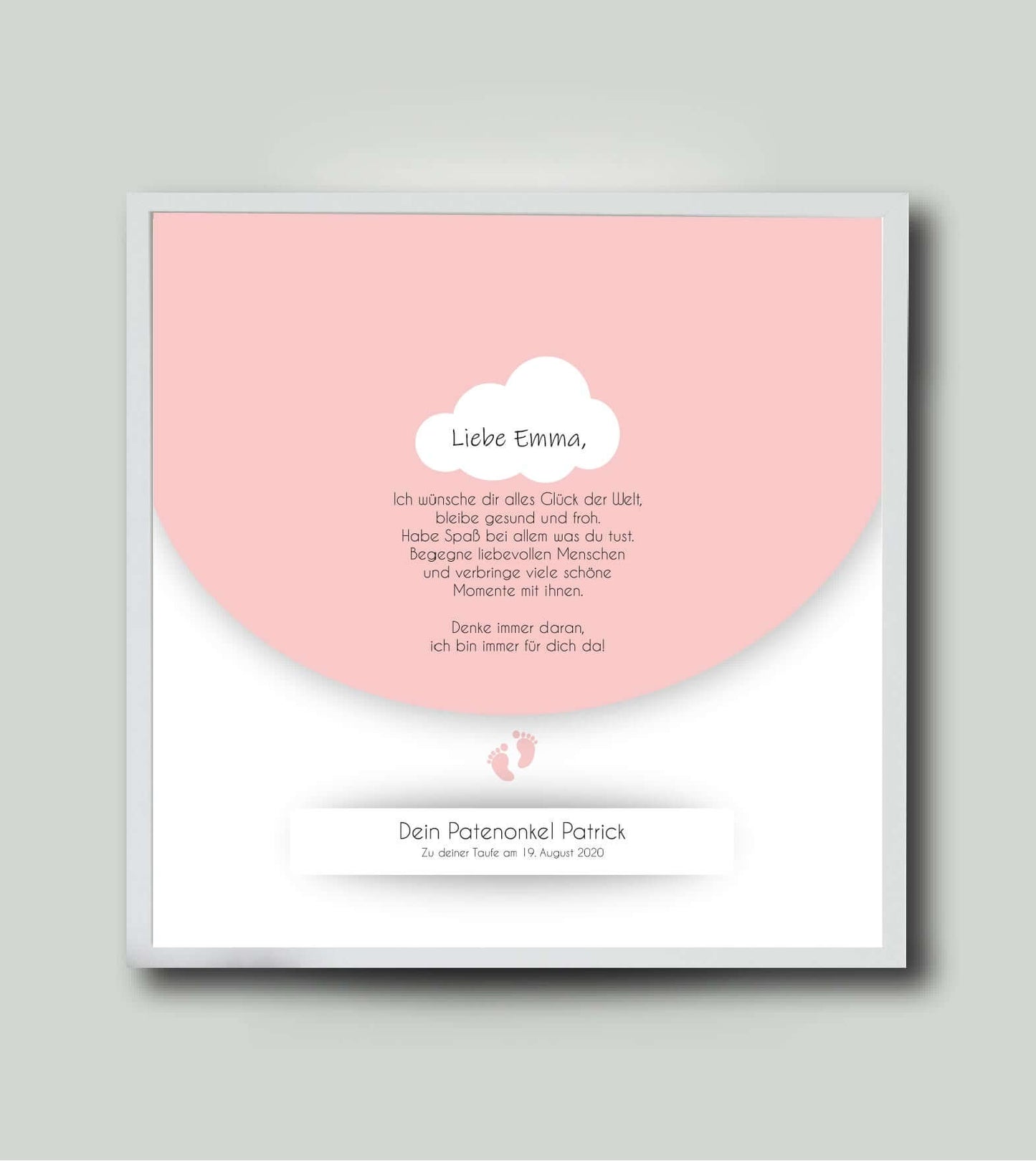 Personalisiertes Babyposter “Taufspruch” in rosa, viereckig 25x25cm, mit Rahmen weiß 27x27cm, ohne Passepartout