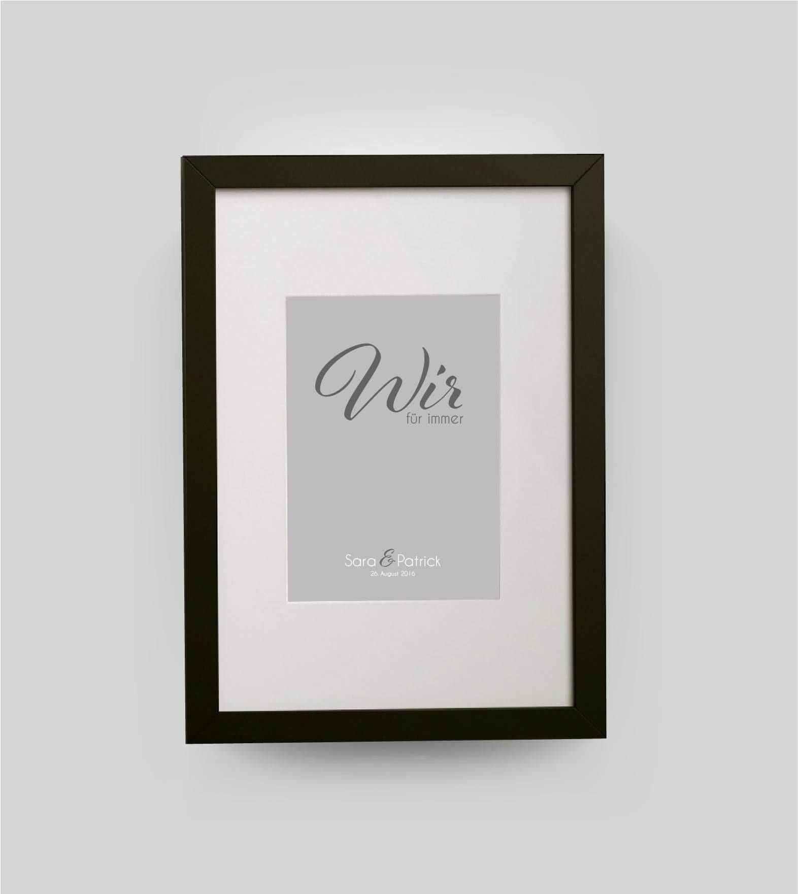 Personalisiertes Bild “WIR - für immer”, Bildfarbe: Grau, Bildgröße: DIN A4, Bilderrahmen: Bilderrahmen schwarz mit Passepartout,Copyright: 321geschenke.de