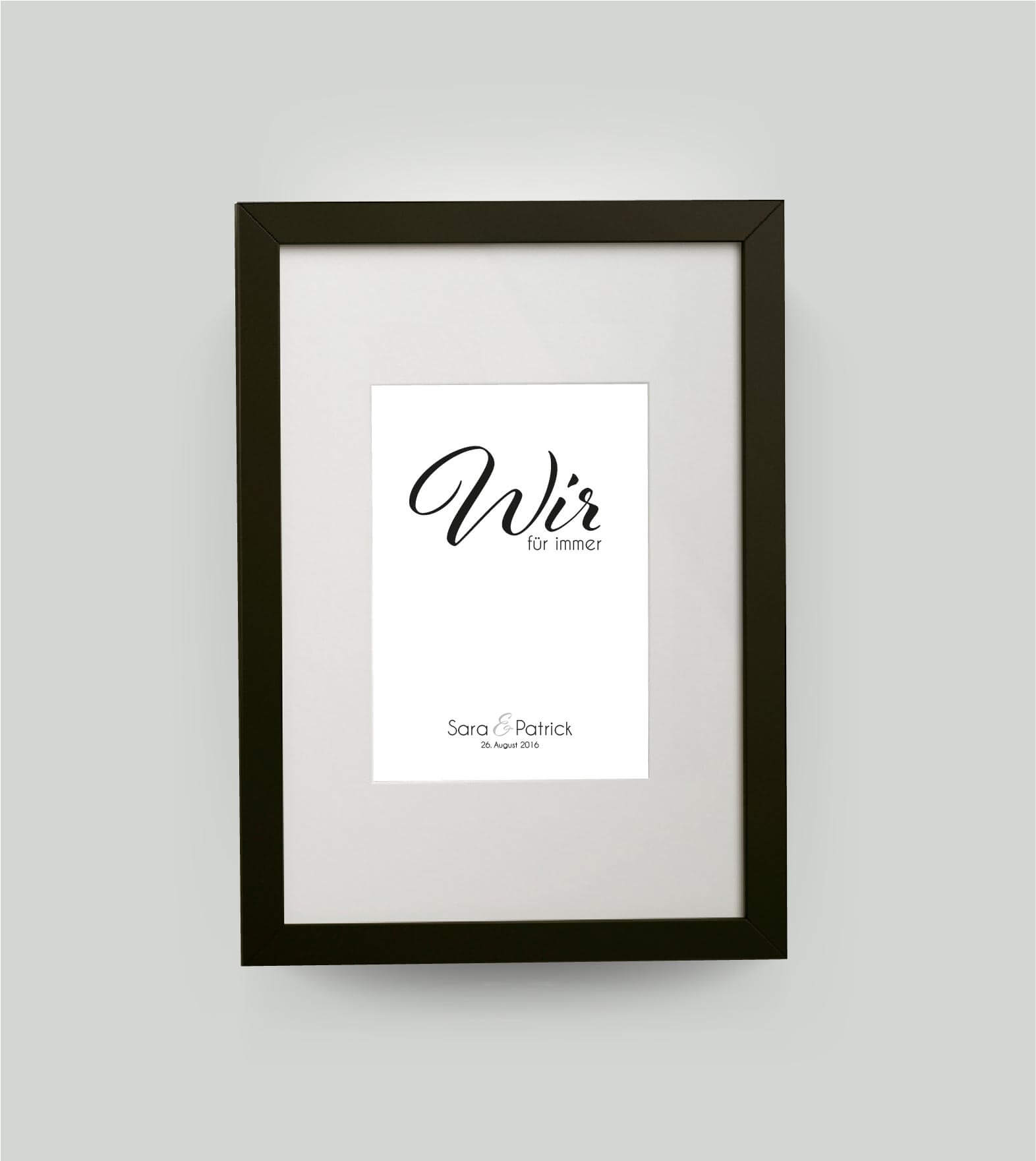 Personalisiertes Bild “WIR - für immer”, Bildfarbe: Weiß, Bildgröße: DIN A4, Bilderrahmen: Bilderrahmen schwarz mit Passepartout,Copyright: 321geschenke.de