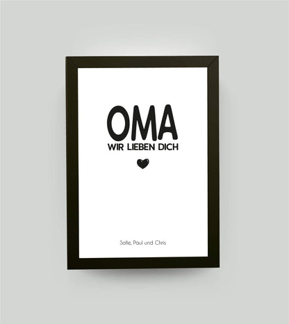 Personalisiertes Bild “OMA – Wir lieben dich”, Bildgröße: 13x18cm, Bilderrahmen: Bilderrahmen schwarz ohne Passepartout, , Copyright: 321geschenke.de
