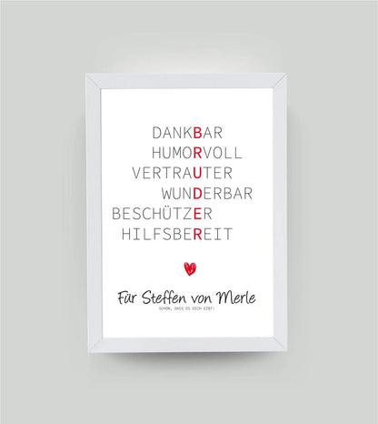 Personalisiertes Wörterposter "Bruder", DIN A4, mit Rahmen weiß 21x30cm, ohne Passepartout, Copyright: 321geschenke.de
