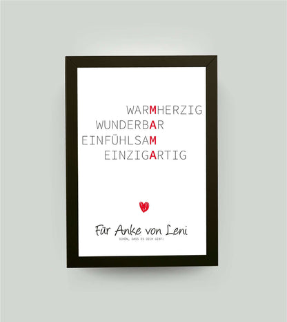 Personalisiertes Bild Wörterposter" - MAMA, Bildfarbe: Weiß, Bildgröße: 13x18cm, DIN A4, DIN A3, Bilderrahmen: Bilderrahmen schwarz ohne Passepartout, Copyright:321geschenke.de