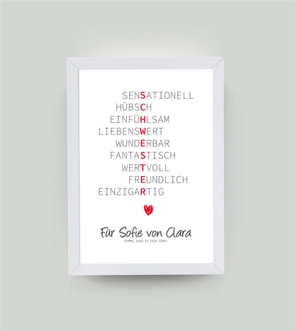 Personalisiertes Wörterposter "Schwester", DIN A4, mit Rahmen weiß 21x30cm, ohne Passepartout